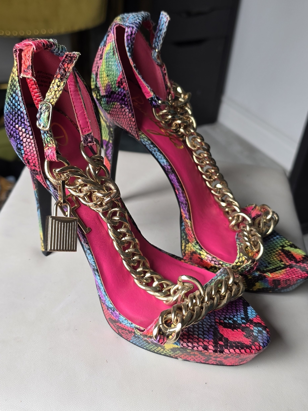 Privileged Multicolor Snake-Print Stiletto Heels with Gold Chain
